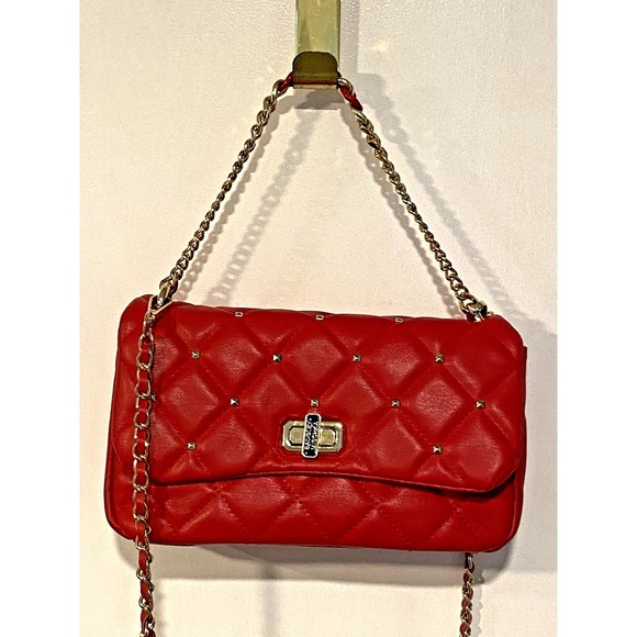 Badgley Mischka Handbags - Badgley Mischka Red Quilted Vegan Leather Purse Gold Studded Crossbody Bag 10x6